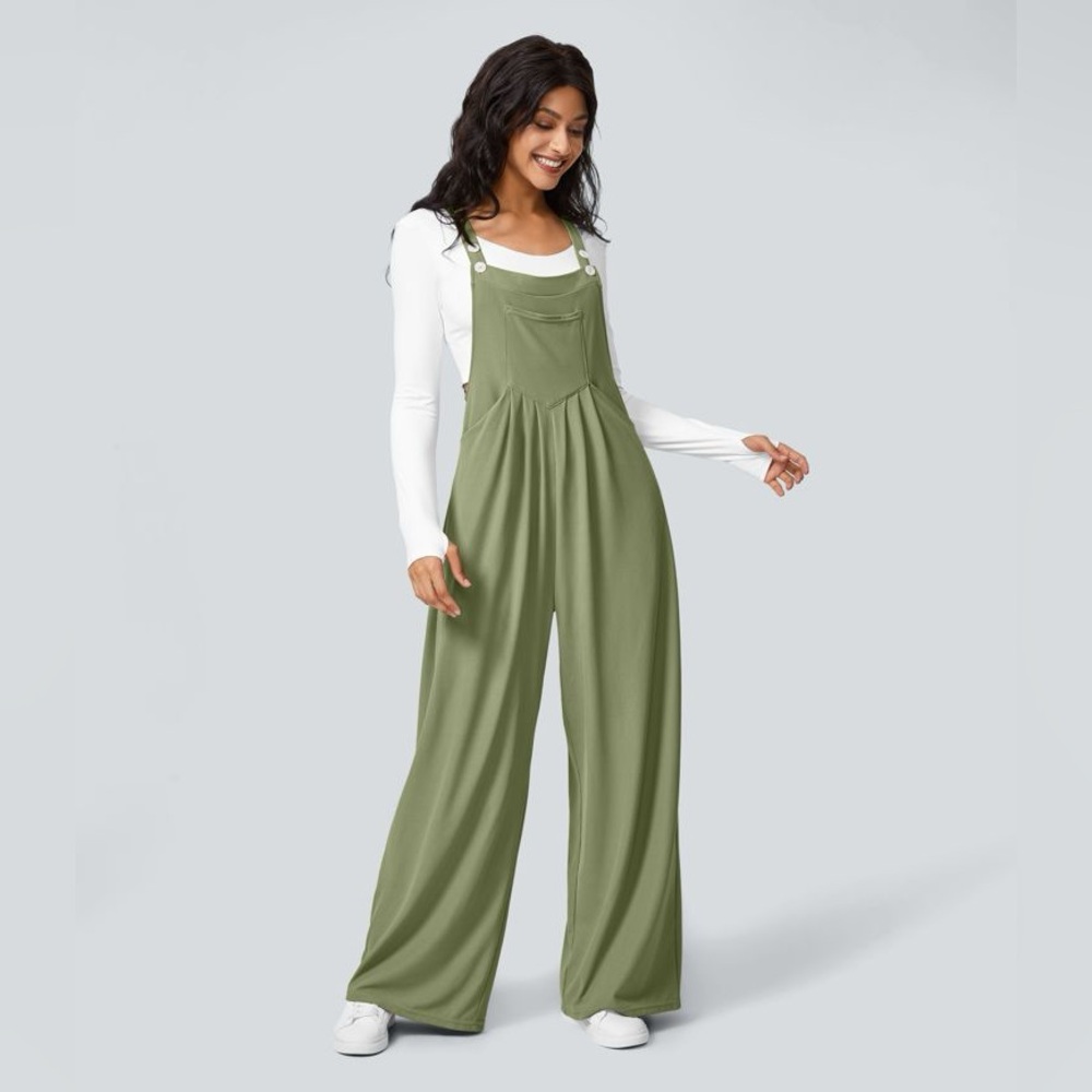 Halara Adjustable Strap Button Multiple Pockets Waffle Casual Overalls Green - Picture 2 of 10